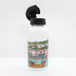 Water bottle with a colourful illustration of a Bristol Harbour scene on a white background