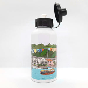 White water bottle with a colorful illustration of a Bristol Harbour scene on a white background