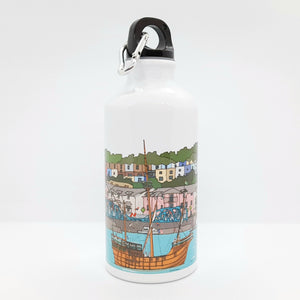 White water bottle with a colorful design of a boat and buildings on a white background