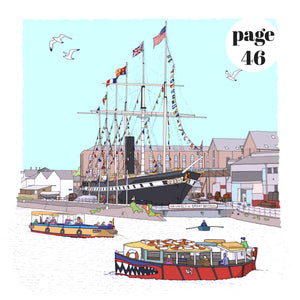 dona B drawings illustration of Bristol Harbour with the SS Great Britain and ferry boats