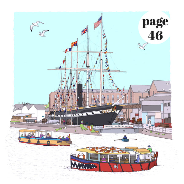 Load image into Gallery viewer, dona B drawings illustration of Bristol Harbour with the SS Great Britain and ferry boats