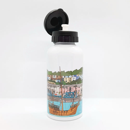 Water bottle with a colourful illustration of a Bristol Harbour scene on a white background