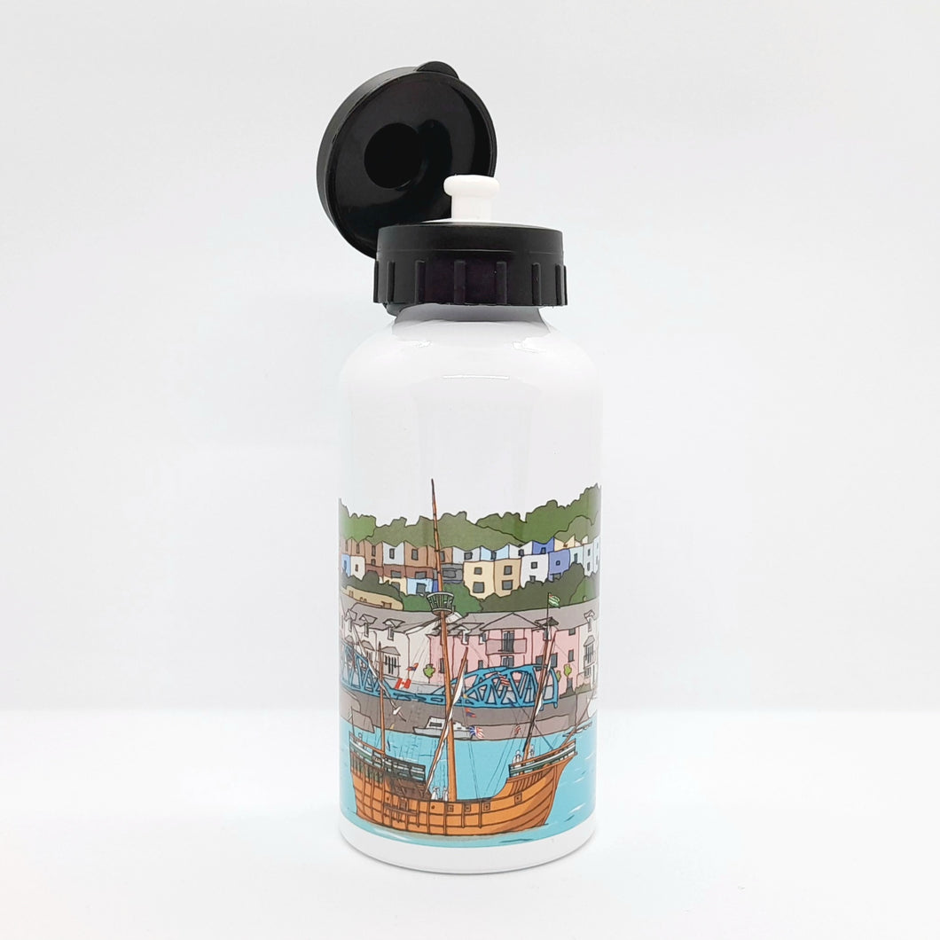 Water bottle with a colourful illustration of a Bristol Harbour scene on a white background