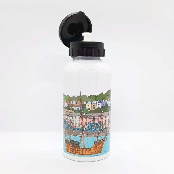 Load image into Gallery viewer, Water bottle with a colourful illustration of a Bristol Harbour scene on a white background
