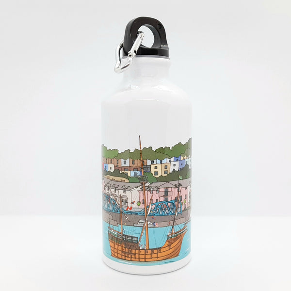 Load image into Gallery viewer, White water bottle with a colorful design of a boat and buildings on a white background
